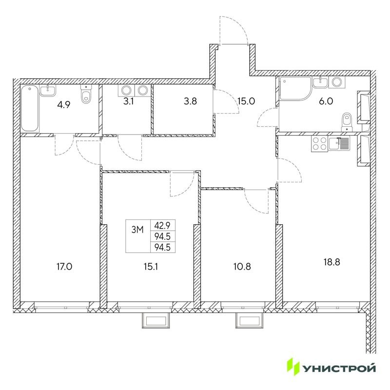 3-комн., 94.5 м², 17/31 этаж