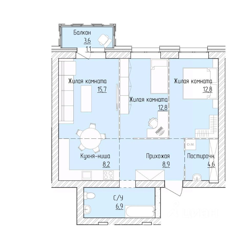3-комн., 71 м², 6/8 этаж