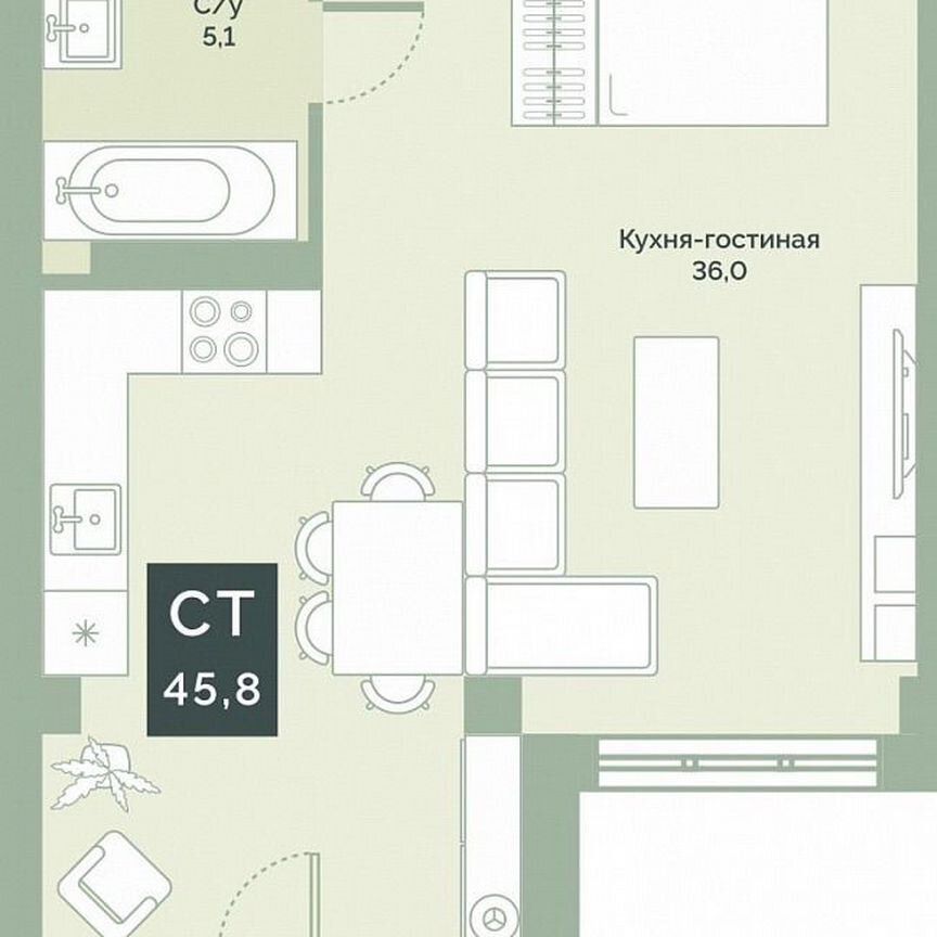 Студия, 45.8 м², 5/17 этаж