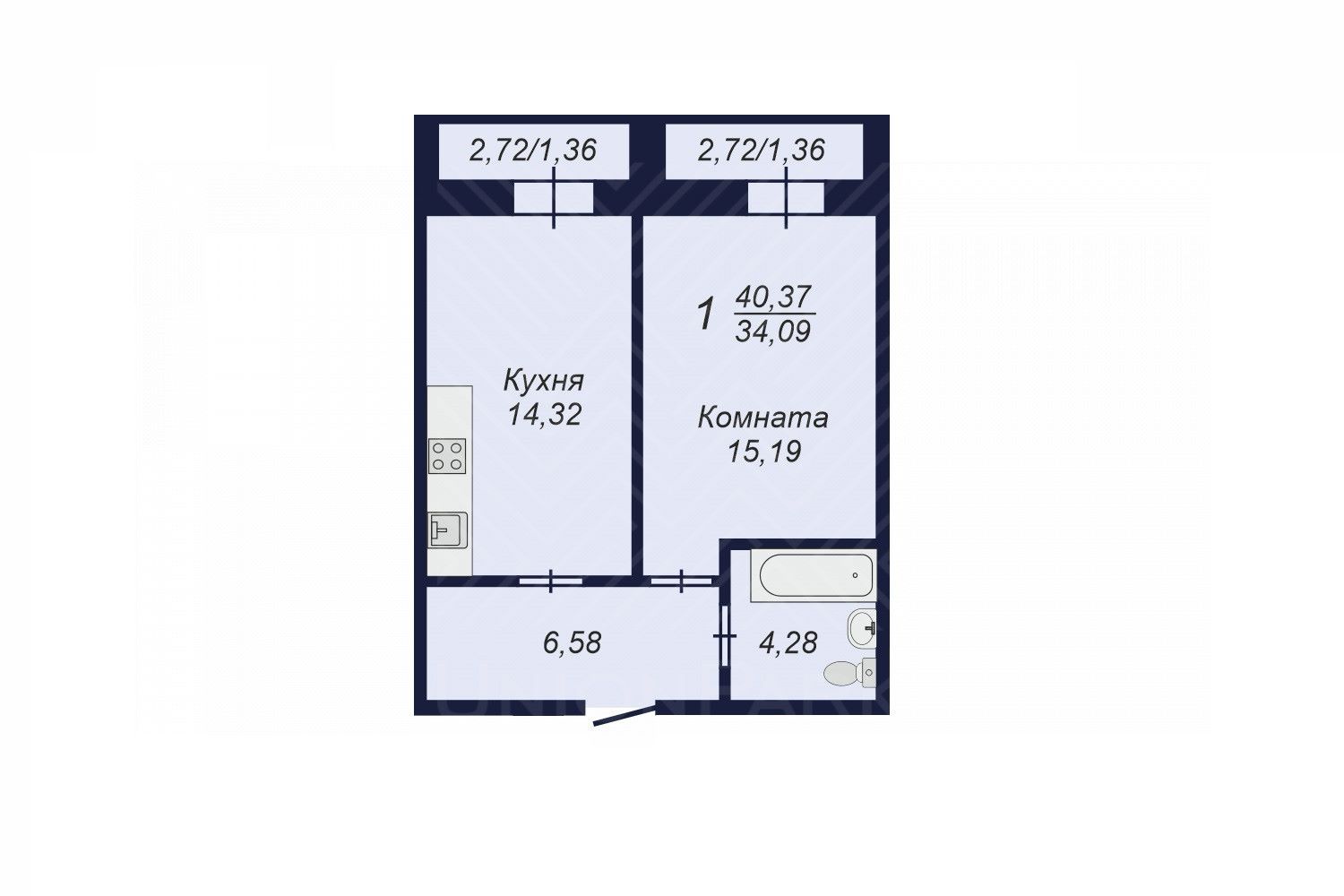 1-комн. квартира, 43.1 м2, 10/18 этаж