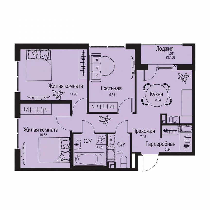 3-комн. квартира, 57.7 м2, 2/9 этаж