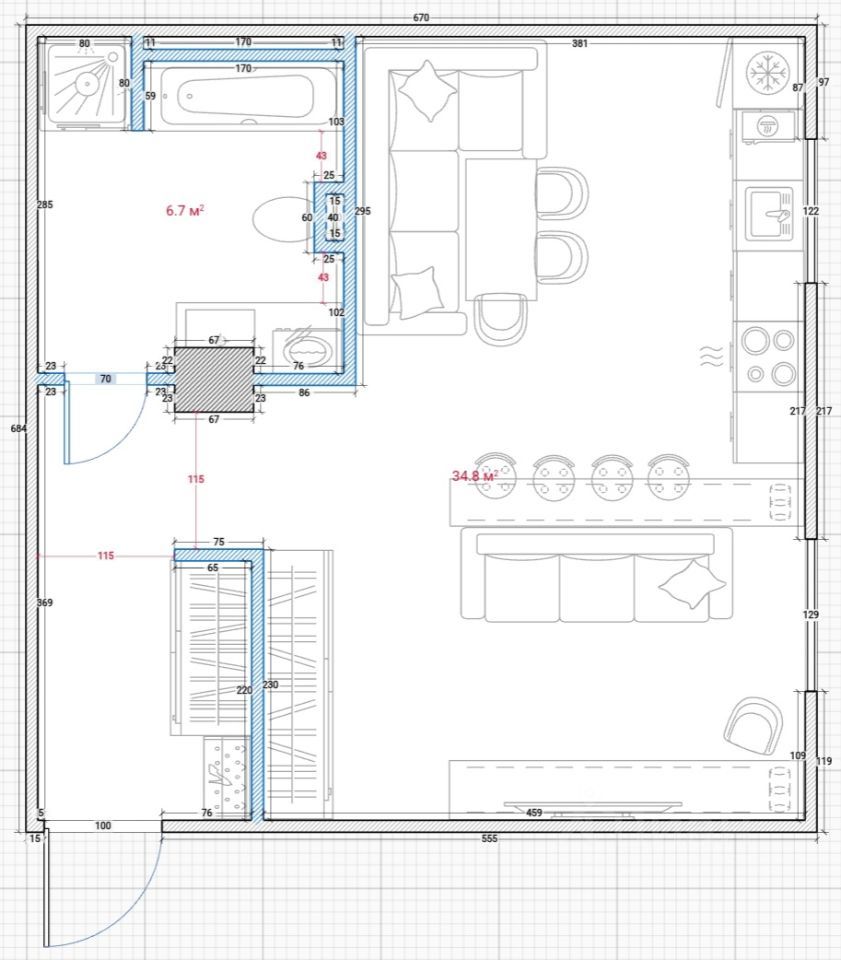 Студия, 41.6 м2, 1/4 этаж