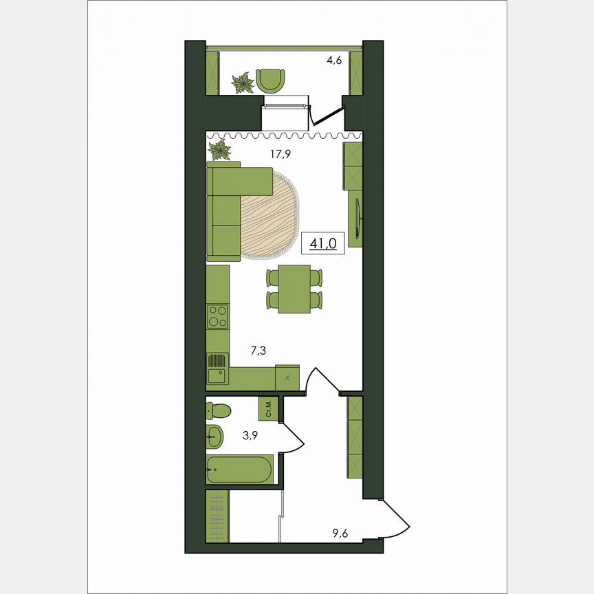 Студия, 41 м², 2/9 этаж