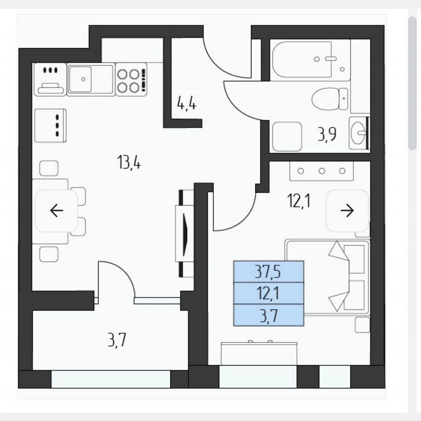 1-комн., 37.5 м², 3/7 этаж