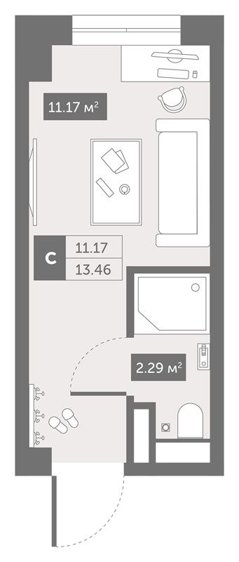 Студия, 13.46 м², 2/13 этаж