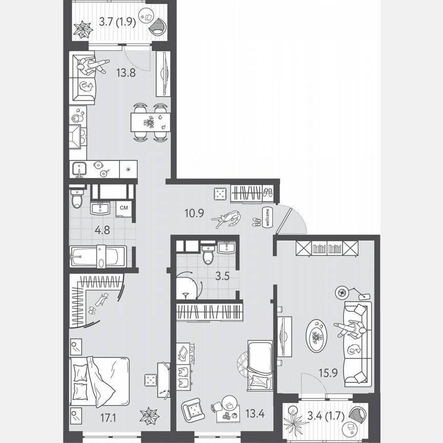 3-комн. квартира, 82.6 м², 17/24 этаж
