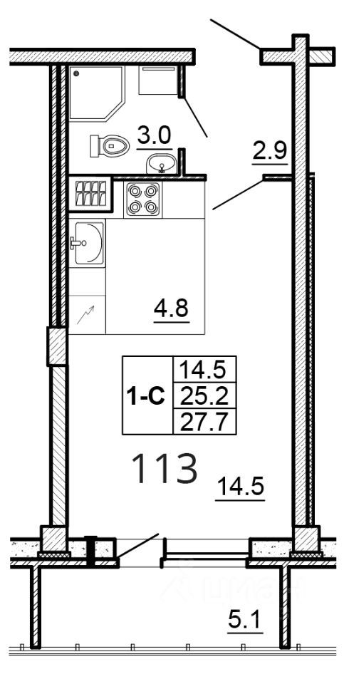 Студия, 27.7 м², 6/16 этаж