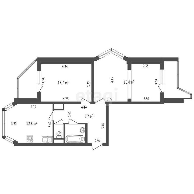 3-комн., 63 м², 16/17 этаж