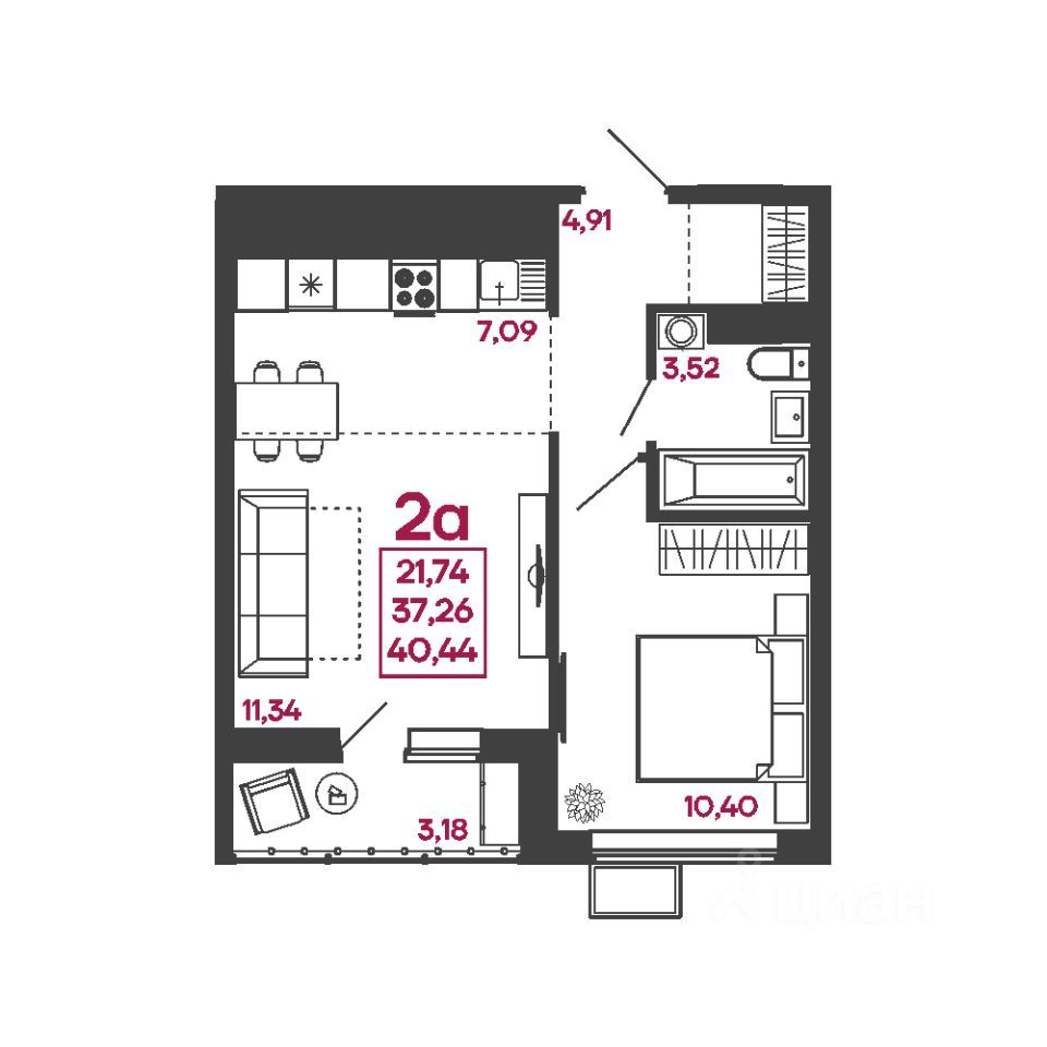 2-комн., 40.44 м², 2/17 этаж