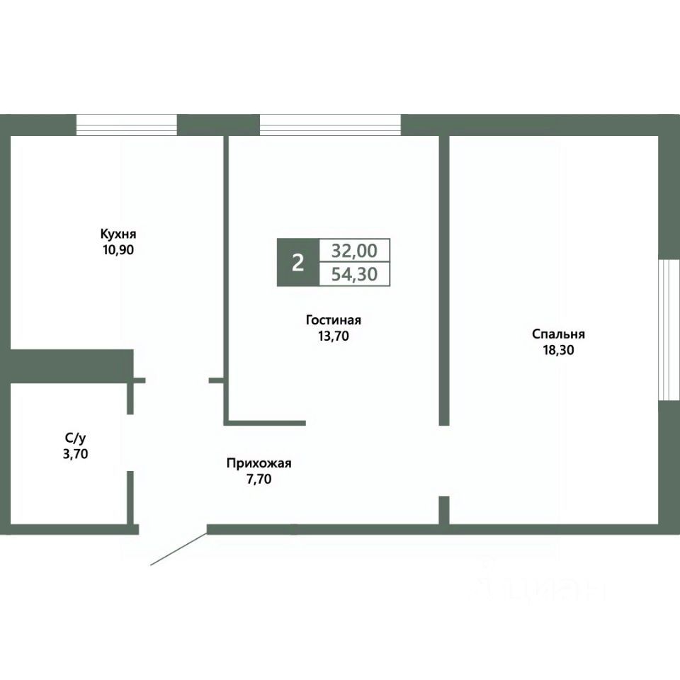 2-комн., 54.3 м², 2/13 этаж