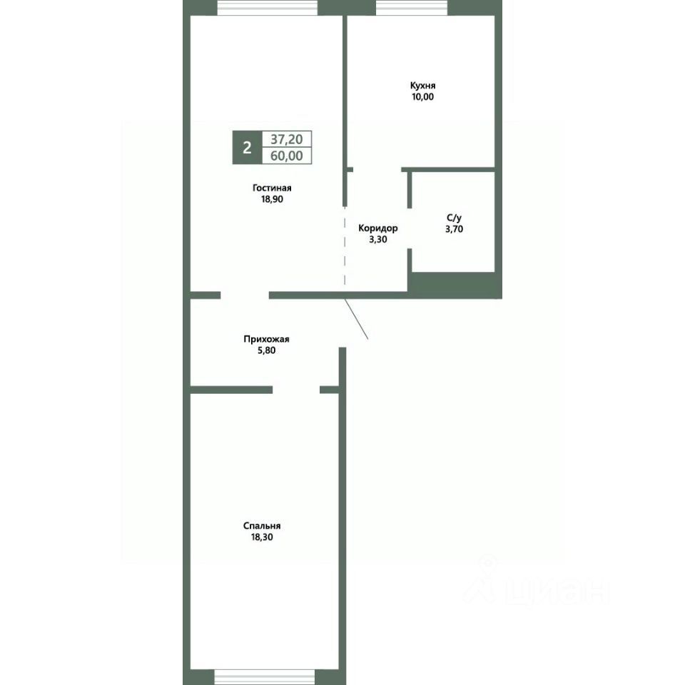 2-комн., 60 м², 5/10 этаж
