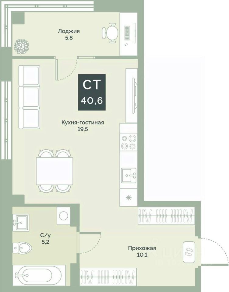 Студия, 40.6 м², 9/17 этаж
