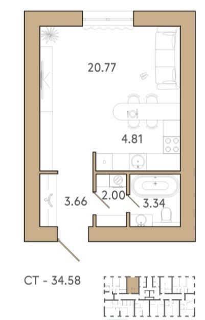 Студия, 34.58 м², 2/9 этаж