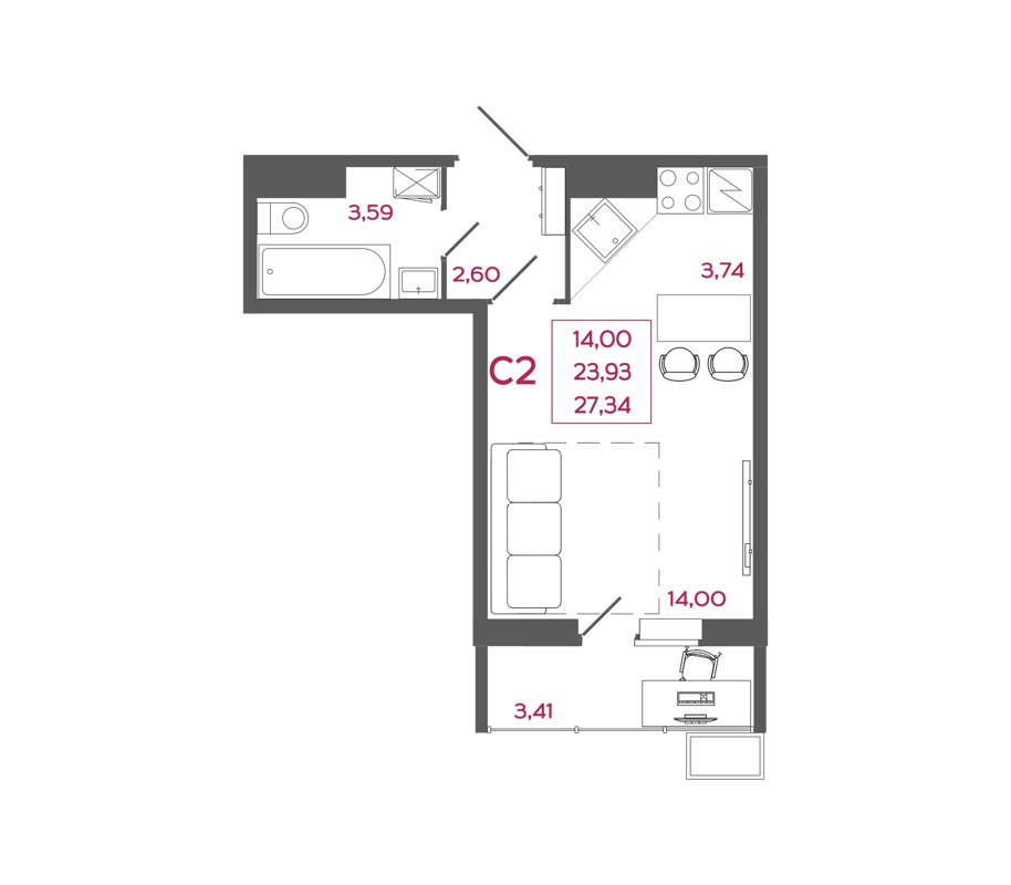 Студия, 27.34 м², 2/17 этаж