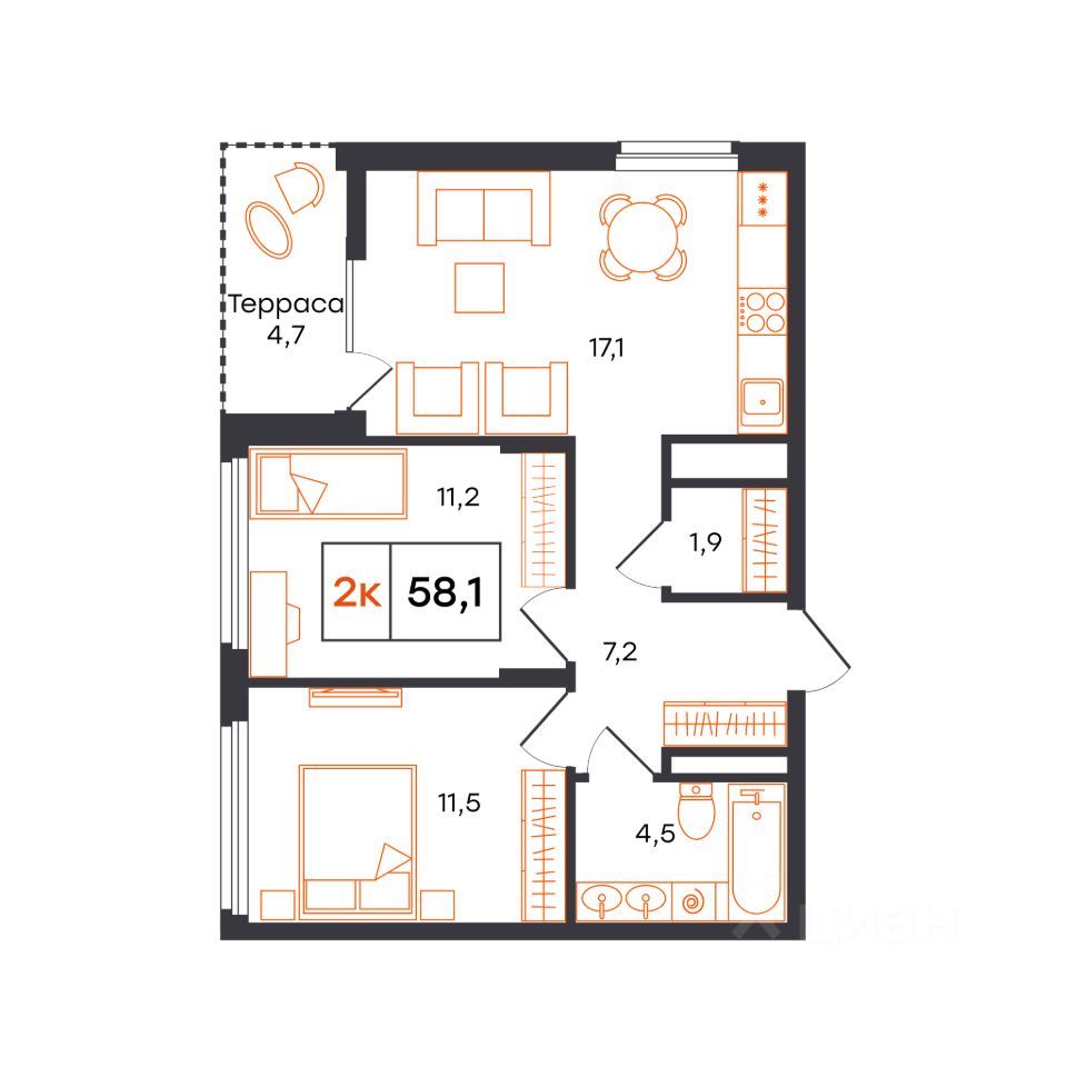 2-комн. квартира, 58.1 м2, 9/15 этаж