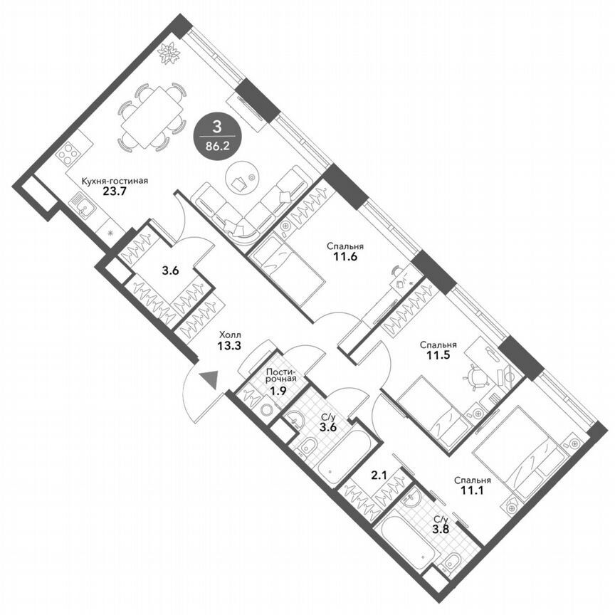 3-комн., 86 м², 12/19 этаж
