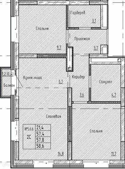 2-комн., 58.6 м², 6/16 этаж