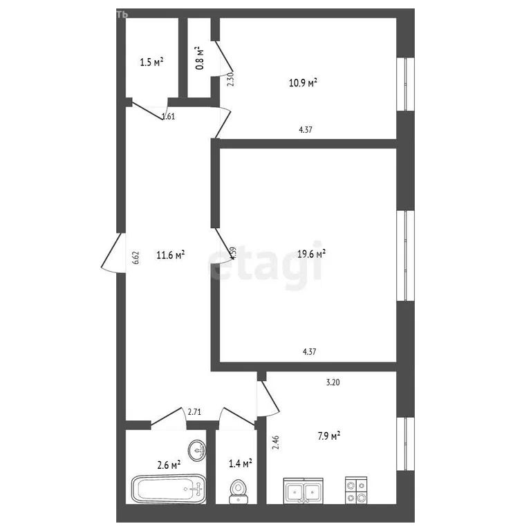 2-комн., 56.3 м², 1/2 этаж