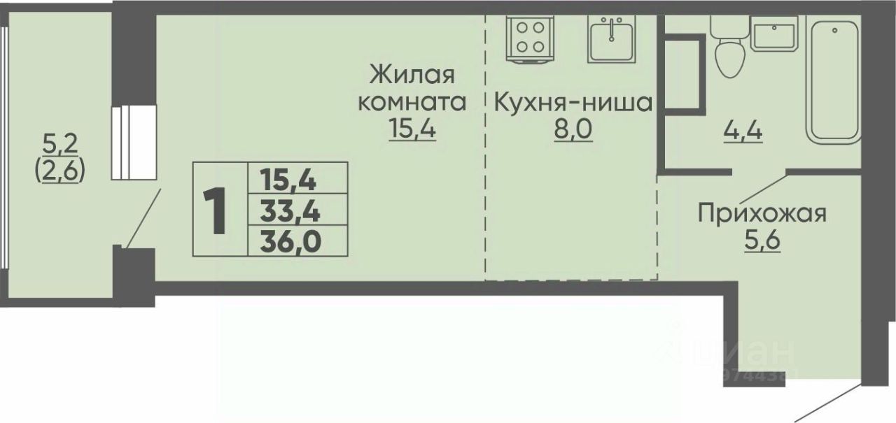 Студия, 36 м², 10/16 этаж