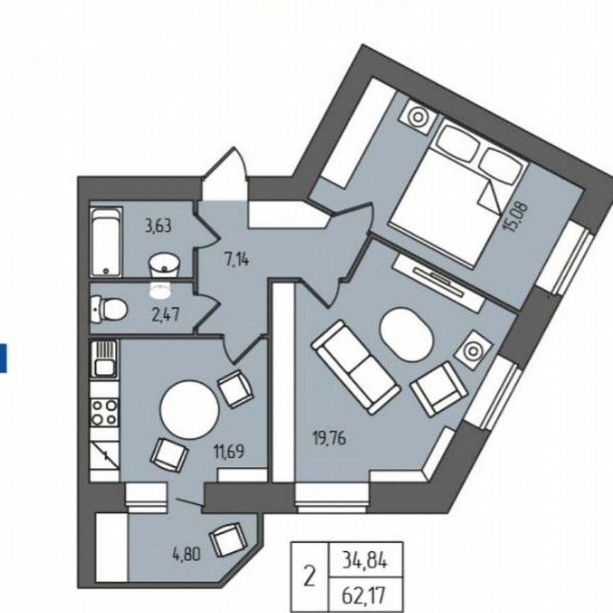 2-комн., 60.4 м², 9/14 этаж