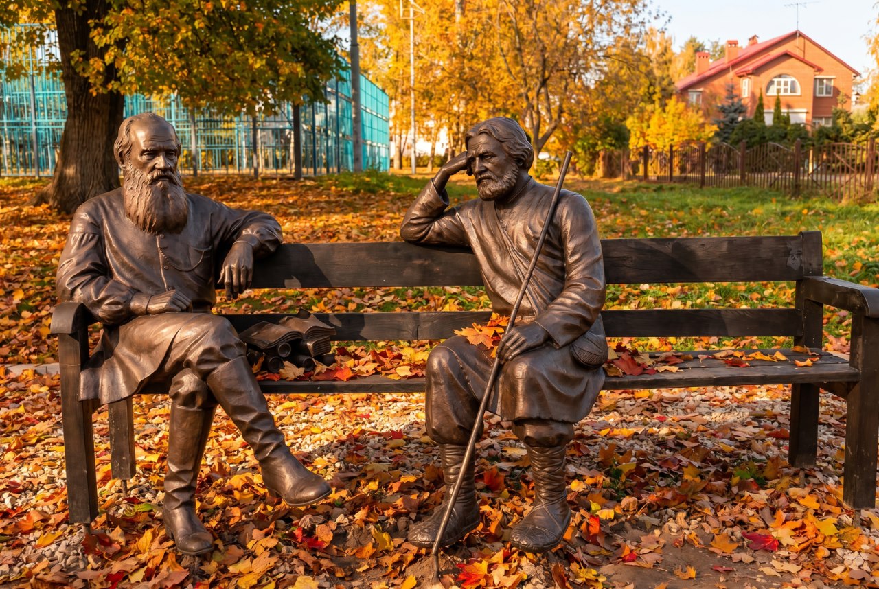 Памятник писателю Толстому и издателю Черткову. Скульптора Ибрагима Ханаева в Крёкшино. Фото: Мир Квартир