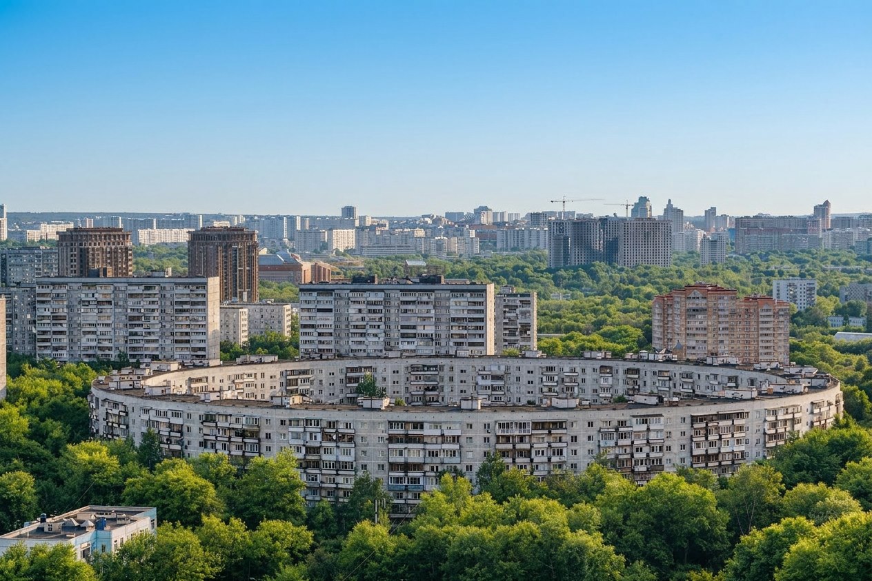 -й и 3-й микрорайоны Матвеевского. Дом-бублик сразу бросается в глаза. Фото: Мир Квартир
